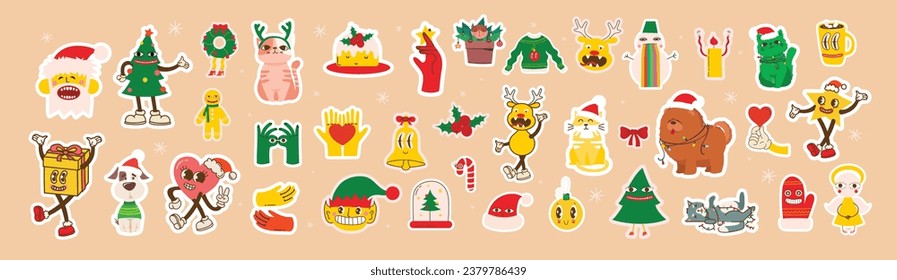 Groovy hippie Christmas stickers. Santa Claus, Christmas tree, gifts, rainbow, peace, groovy and bright, star in trendy retro cartoon style. Merry Christmas and Happy New year.