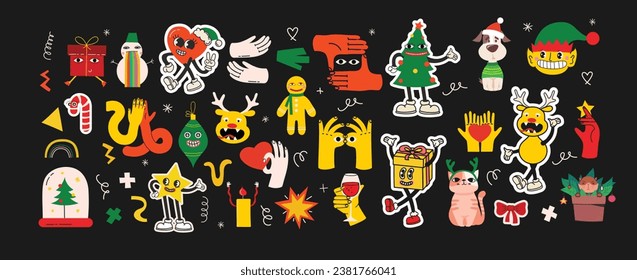 Groovy hippie Christmas stickers. Santa Claus, Christmas tree, gifts, rainbow, peace, groovy and bright, star in trendy retro cartoon style. Merry Christmas and Happy New year.