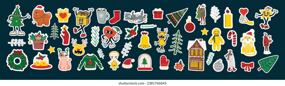 Groovy hippie Christmas stickers. Santa Claus, Christmas tree, gifts, rainbow, peace, groovy and bright, star in trendy retro cartoon style. Merry Christmas and Happy New year.