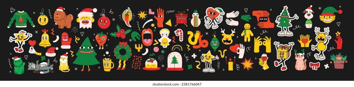 Groovy hippie Christmas stickers. Santa Claus, Christmas tree, gifts, rainbow, peace, groovy and bright, star in trendy retro cartoon style. Merry Christmas and Happy New year.