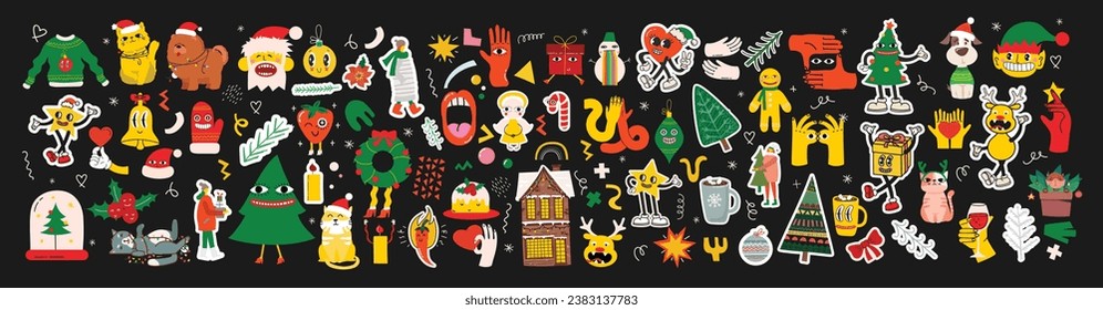 Groovy hippie Christmas stickers. Santa Claus, Christmas tree, gifts, rainbow, peace, groovy and bright, star in trendy retro cartoon style. Merry Christmas and Happy New year.