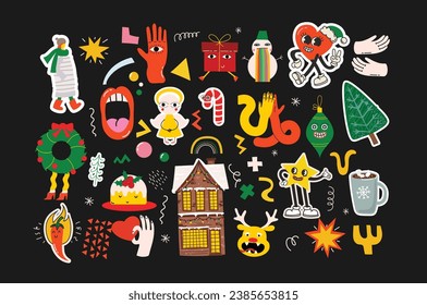 Groovy hippie Christmas stickers. Santa Claus, Christmas tree, gifts, rainbow, peace, groovy and bright, star in trendy retro cartoon style. Merry Christmas and Happy New year.