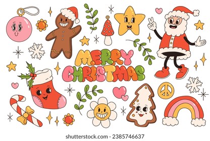 Groovy hippie Christmas stickers. Santa claus, sock, peace, holly jolly vibes, flower, winter, rainbow, gingerbread in trendy retro cartoon style. Character groovy 50s, 60s, 70s