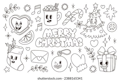 Groovy hippie Christmas stickers. Santa claus, sock, peace, holly jolly vibes, flower, winter, hot cocoa, present in trendy retro cartoon style. Character groovy for coloring book 50s, 60s, 70s
