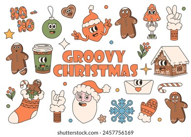 Groovy hippie Christmas stickers. Santa Claus gifts coffee heart gingerbread in trendy groovy retro cartoon style. Cartoon characters and elements.