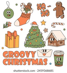 Groovy hippie Christmas stickers. Santa Claus gifts coffee heart gingerbread in trendy groovy retro cartoon style. Cartoon characters and elements.