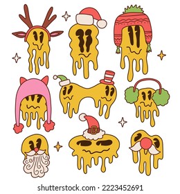 Groovy hippie Christmas stickers set with melting emoji faces with winter knitted, Santa hats, antlers. Contour hand drawn vector illustration.