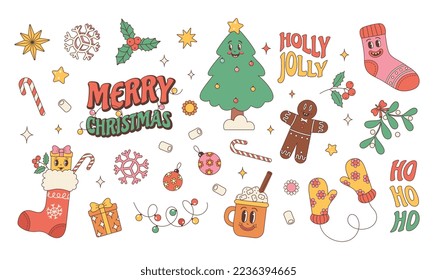 Groovy hippie Christmas stickers. Christmas tree, gifts,  peace, snowflake, holly jolly, ho ho ho, mug hot chocolate, gingerbread in trendy retro cartoon style. Cartoon characters and elements.