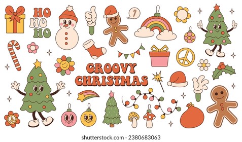 Groovy hippie Christmas stickers. Christmas tree, gifts, rainbow, peace, holly jolly vibes, ho ho ho, snowman, gingerbread in trendy retro cartoon style. Cartoon characters and elements