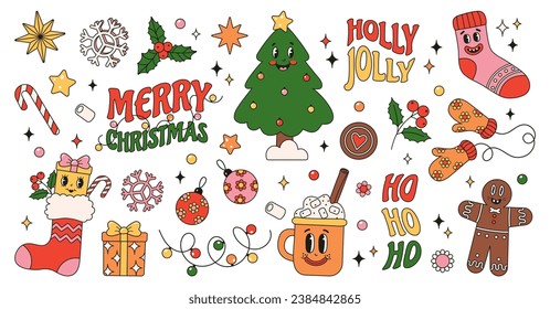 Groovy hippie Christmas stickers. Christmas tree, gifts, snowflake, holly jolly, mug hot chocolate, gingerbread in trendy retro cartoon style. Vector illustration.