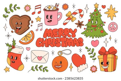 Groovy hippie Christmas stickers. Christmas tree, gifts, peace, holly jolly vibes, ho ho ho, winter, gingerbread in trendy retro cartoon style. Character in groovy 50s, 60s, 70s Vintage Style