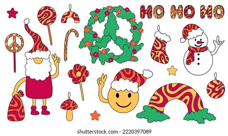 Groovy hippie Christmas stickers with wave pattern: baubles, rainbow, wreath, stars, snowman, smile, santa claus, lollipops, stocking