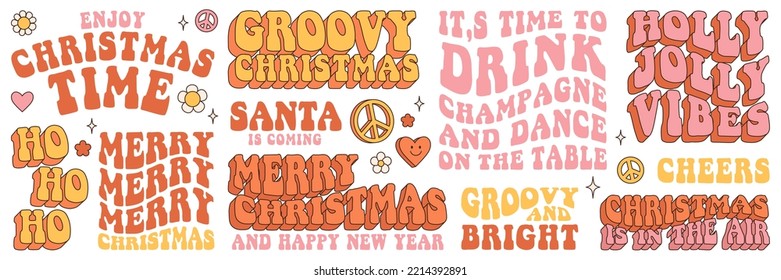 Groovy hippie Christmas stickers. Words, slogan, text about Christmas, new year, champagne, Santa, holly jolly vibes, ho ho ho in trendy retro 60s 70s stile style. svg