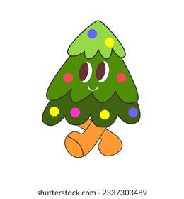Groovy hippie Christmas tree with balls and lights. Green fir or pine, decorated Cartoon character. New Year holidays vector design.