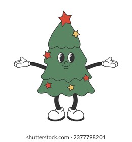 Groovy hippie Christmas tree. Cartoon character in trendy retro style. Isolated vector illustration