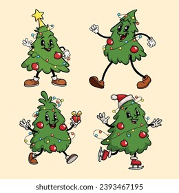 Groovy Hippie Christmas tree characters set. Cartoon mascot characters in trendy retro 50s, 60s style for Christmas. Vector illustrations.