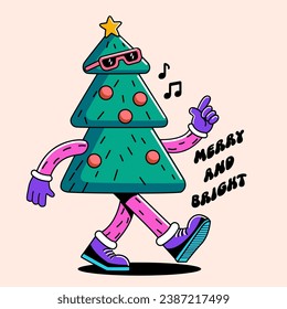 Groovy hippie Christmas. Christmas tree with quote Merry and bright in trendy retro cartoon style. Vector illustration.