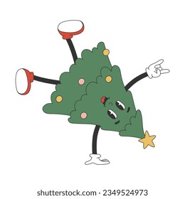 Groovy hippie Christmas tree standing on his hand. Cartoon character in trendy retro style. Isolated vector illustration