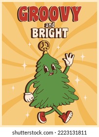 Groovy hippie Christmas. Christmas tree in trendy retro cartoon style. Groovy and bright greeting card, poster, print, party invitation, background.