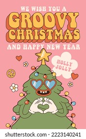 Groovy Navidad hippie. Árbol de Navidad al estilo retro de moda. Feliz año nuevo, tarjeta de saludo, afiche, plantilla, impresión, invitación de fiesta, fondo.