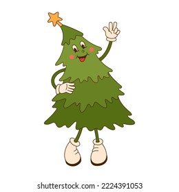 Groovy hippie Christmas tree in trendy retro flat style isolated on white background.