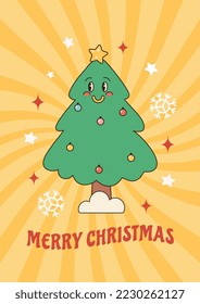Groovy hippie Christmas. Christmas tree in trendy retro cartoon style. Merry Christmas greeting card, poster, template, print, party invitation, background.