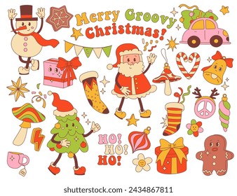 Pegatinas retro de moda hippie Groovy Navidad con lindo Papá Noel, dulces de vacaciones y esas cosas. Funky símbolo de paz vintage, coche con árbol de navidad, decoración y adornos de adornos ilustración vectorial