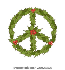 Groovy hippie Christmas wreath with holly berry isolated on white background. Peace sign for winter holidays. Design element for posters, cards, flayers. Vector illustration.