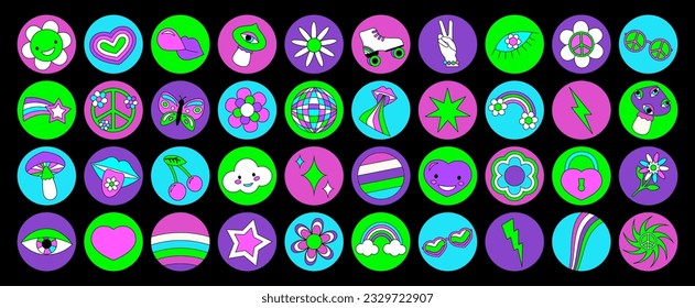 Groovy hippie circle sticker 70s set. Funny cartoon bright neon colors - flower, love, rainbow, peace, heart, daisy, mushroom, eye. Psychedelic pack in trendy retro style. Isolated vector illustration