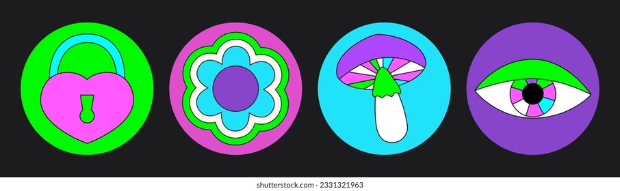 Groovy hippie circle sticker 70s set. Funny cartoon bright neon colors - flower, love, rainbow, peace, heart, daisy, mushroom, eye. Psychedelic pack in trendy retro style. Isolated vector illustration