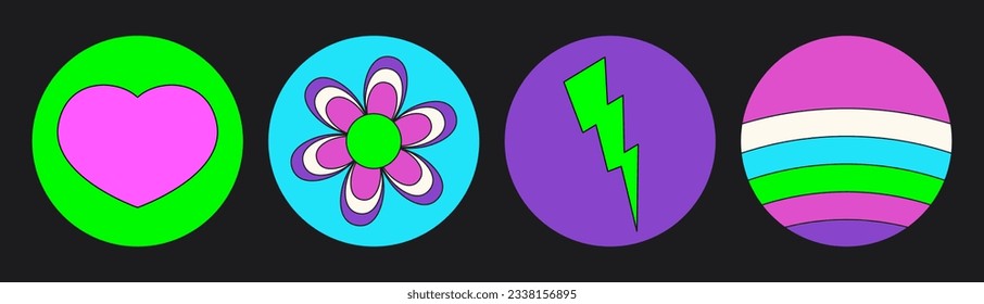 Groovy hippie circle sticker 70s set. Funny cartoon bright neon colors - flower, love, rainbow, peace, heart, daisy, mushroom, eye. Psychedelic pack in trendy retro style. Isolated vector illustration