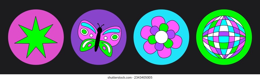 Groovy hippie circle sticker 70s set. Funny cartoon bright neon colors - flower, love, rainbow, peace, heart, daisy, mushroom, eye. Psychedelic pack in trendy retro style. Isolated vector illustration