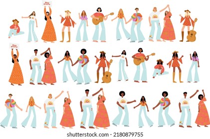 groovy hippie clipart, retro 70s hippy clip art, group of people vector illustration, peace and love clipart, vintage scene creator