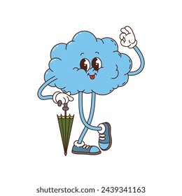 Groovy hippie cloud cute cartoon character. Groovy cute character, vintage happy rainy weather sticker or 60s cheerful blue cloud isolated vector mascot. Hippie funny climate personage with umbrella