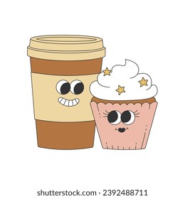 Groovy hippie coffee cup and muffin. Cartoon characters in trendy retro style. Isolated vector illustration