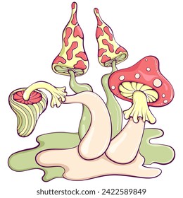 Groovy hippie composition of unusual mushrooms. Retro 70s psychedelic funky fungus. Vintage nostalgia vector in cartoon hand drawn style. Red and green color illustration isolated on white