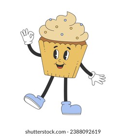Groovy hippie  cupcake with whipped cream. Cartoon character in trendy retro style. Isolated vector illustration