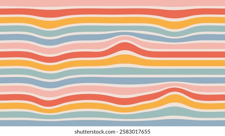 Groovy Hippie Distorted Stripe Background. Retro Wave Uneven Stripes, Warped Streaks, Wavy Lines. Twisted Trendy psychedelic retro style backdrop. Rectangular vector texture. Y2k aesthetic design 