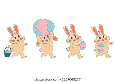 Groovy hippie Easter bunny set. Retro happy Easter day. Easter bunny character in trendy retro 60s 70s cartoon style. Retro characters.