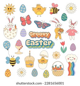 Groovy hippie Easter set.  Easter eggs, bunnies,  butterflies, bees, chickens, daisies. Set of cartoon characters and elements in trendy retro 60s 70s cartoon style.