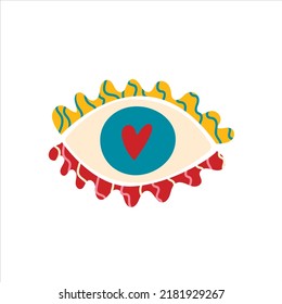 Groovy hippie eyes, vintage vector illustration. Funk and groove isolated elements on a white background. Plants of the 60-70s, naive children's style, doodle style