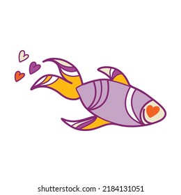 Groovy hippie fish with hearts in the style of 1970, a hand-drawn vector illustration in pastel colors. Seventies Style, Groovy Background, Print, Hippie Aesthetics.