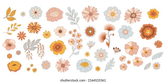 Groovy Hippie Flower Power. Vintage floral vector collection.