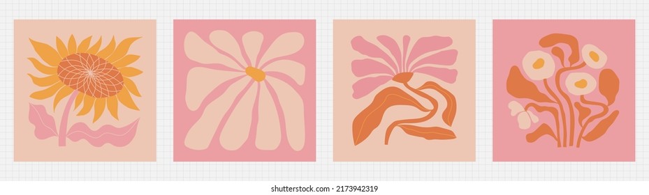 Groovy hippie flower print set. Psychedelic stickers collection with positive floral illustrations. Aesthetic flat melting organic shapes, retro color pallete and funky trippy style.