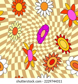 Groovy hippie flower seamless pattern. Colorful flowers trendy check distortion background retro trippy 70s style