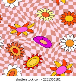 Groovy hippie flower seamless pattern. Colorful flowers trendy check distortion background retro trippy 70s style