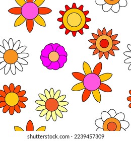 Groovy hippie flower seamless pattern. Colorful flowers trendy background retro trippy 70s style