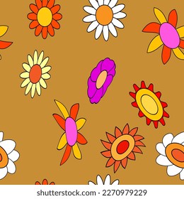 Groovy hippie flower seamless pattern. Colorful flowers trendy background retro trippy 70s style