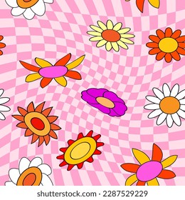Groovy hippie flower seamless pattern. Colorful flowers trendy check distortion background retro trippy 70s style