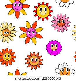 Groovy hippie flower seamless pattern. Colorful flowers trendy background retro trippy 70s style
